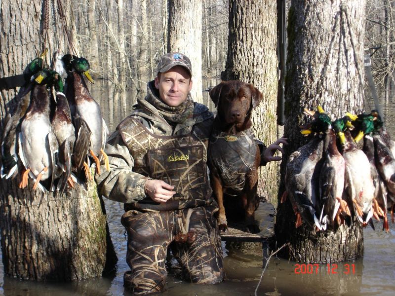 man and dog posing with many killed ducks in waste high water