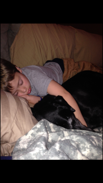 boy sleeping with arm around sleeping dog