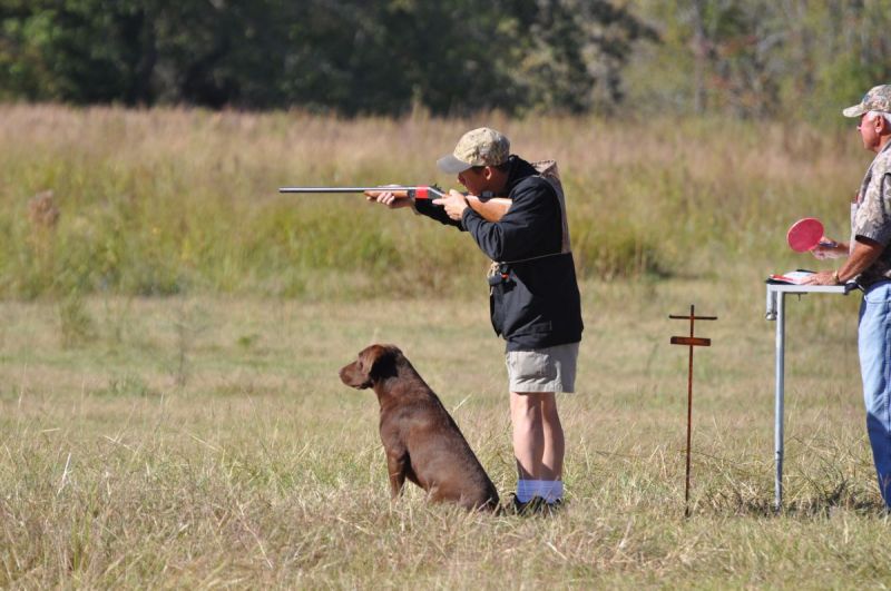 man shooting gun with dog nearby