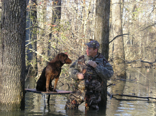 man looking at dog in tree stand